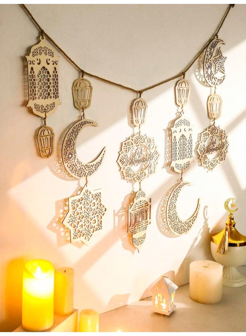Eid Decorations Hanging Wooden Garland with Lanterns, Crescent & Star – Boho Wall Decor for Home & Parties, Suitable for Eid Decor - Image 1